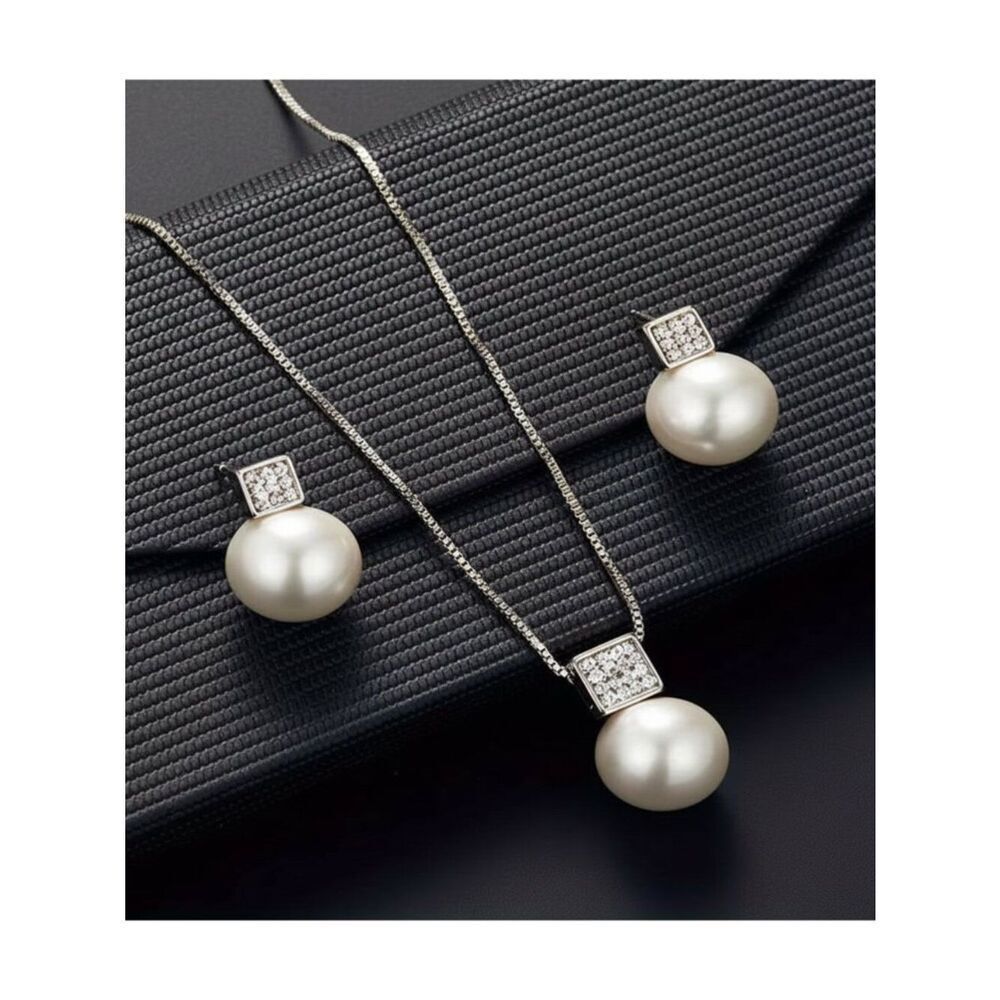 Pearl Necklace & Earrings Traditional with Modern Settings Silvery Box Chain